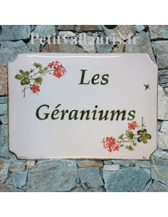 Grande plaque de maison en céramique modèle aux angles incurvés motif Les Géraniums+ inscription personnalisée