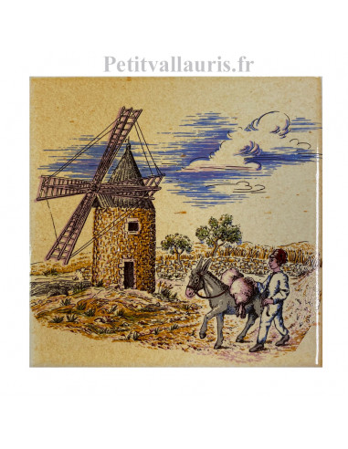 Décor sur carreau mural 10x10 cm en faïence jaune-ocre motif moulin et meunier