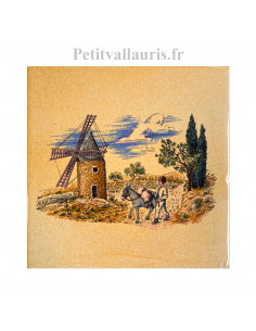 Décor sur carreau mural 15x15 cm en faïence jaune-ocre motif moulin et meunier