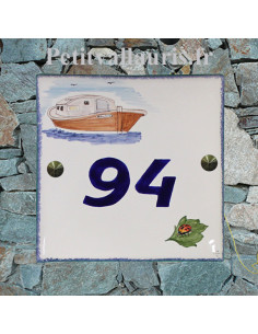 Grande plaque de maison en céramique modèle carrée motif bateau La Pinasse du bassin d'Arcachon + inscription personnalisée