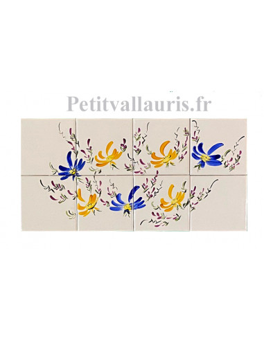 Fresque sur carreaux 40 x 20 cm en faience blanche au décor artisanal bouquet de Fleurs jaunes et bleues