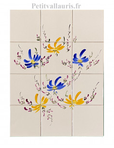 Fresque sur carreaux 40 x 30 cm en faience blanche au décor artisanal bouquet de Fleurs jaunes et bleues