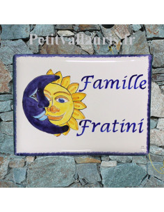 Plaque de maison en céramique émaillée le gabian motif lune et soleil + inscription personnalisée bleue