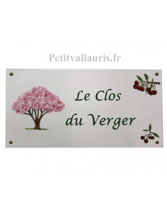 Grande plaque-fresque décorative en faience extérieure gravure personnalisée motif cerisiers et cerises