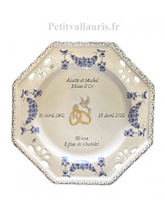 Grande assiette de Mariage personnalisée modèle octogonale motif fleurs tradition bleu