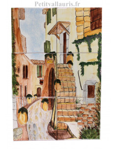Fresque murale sur carreaux de faience décor artisanal modèle Ruelle village sud de la France 30x45