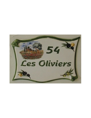 Plaque de maison parchemin en céramique décor cabanon et olivier