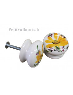 Bouton de tiroir en porcelaine blanche pour mobilier décor artisanal fleuri jaune-orangé (diamètre 35 mm)