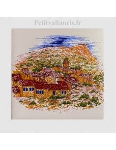 Décor sur carreau mural 10x10 cm en faience blanche motif village de provence