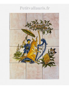 Petite fresque murale décorative 40 x 30 cm sur carreau de 10 cm motif harpe décor tradition polychrome