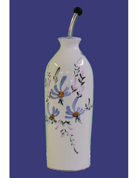 Bouteille pour l'huile de table en faïence blanche décor artisanal fleurs bleues