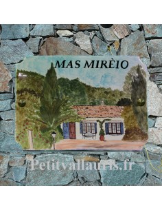 Grande plaque pour villa en faience émaillée décor d'après photo maison de client dans les Maures avec inscription personnalisée