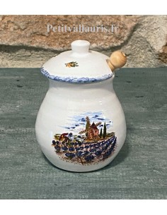 Pot à Moutarde de table en faience blanche motif paysage provençal et lavandes