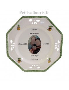 Assiette personnalisée souvenir de naissance en faience octogonale motif ananas avec photo