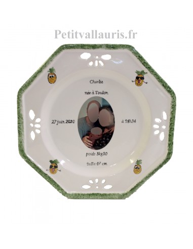 Assiette personnalisée souvenir de naissance en faience octogonale motif ananas avec photo
