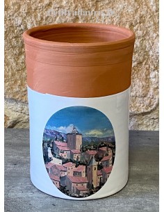Brique à vin rafraichisseur en terre rouge émaillée à mi-hauteur collection paysage provençal motif Village du Revest
