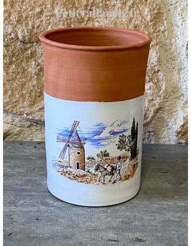 Brique à vin rafraichisseur en terre rouge émaillée à mi-hauteur collection paysage provençal motif le moulin avec le meunier