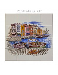 Fresque murale sur carreaux de faience 10x10 décor les pécheurs sur le port 40 x 40 cm