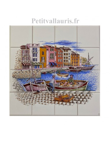 Fresque murale sur carreaux de faience 10x10 décor les pécheurs sur le port 40 x 40 cm