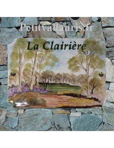 Grande plaque pour villa en faience émaillée motif artisanal la clairière avec inscription personnalisée