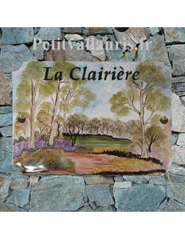 Grande plaque pour villa en faience émaillée motif artisanal la clairière avec inscription personnalisée