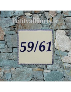 Plaque numéro de maison en faience émaillée blanche avec bordure bleue + chiffre personnalisé bleu