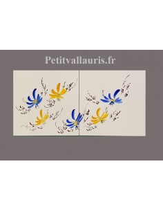 Fresque horizontale sur carreaux 40 x 20 cm en faience blanche au décor artisanal bouquet de Fleurs jaunes et bleues