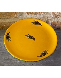 Assiette ronde plate en faience de couleur provençale décor olives noires