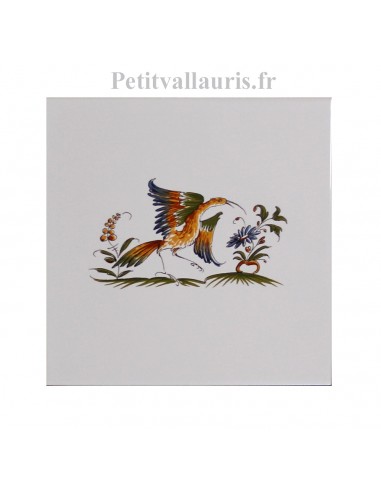 Carreau en faience blanche 15x15 cm pose horizontale reproduction moustiers polychrome motif oiseau ref 2214