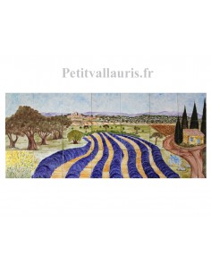 Fresque murale sur carreaux de faience décor artisanal modèle Village + champs oliviers et lavandes 60x140