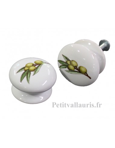 Bouton de tiroir en porcelaine blanche décor Olives vertes (diamètre 35 mm)