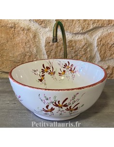 Petite Vasque bol ronde à poser en porcelaine blanche décor artisanal fleurs rouges pourpre