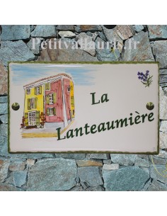 Plaque de Maison rectangle en céramique émaillée décor artisanal motif maisons de village + personnalisation