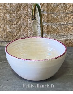 Mini Vasque bol ronde en faience crème-ivoire et bord de couleur bordeaux-prune