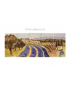 Fresque murale sur carreaux de faience décor artisanal modèle Village + champs oliviers et lavandes 75x30