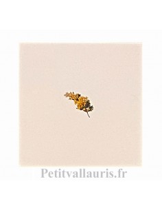 Carreau en faience blanche décor brin de mimosas sur carreau 15 x 15 cm