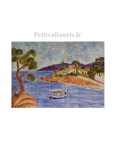Fresque murale sur carreaux de faience décor artisanal modèle Voilier et Calanque 45x60 cm