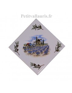 Carreau en faience blanche décor paysage provençal 15 x 15 cm motif moulin + récolte lavande pose diagonale
