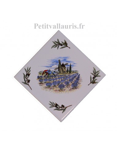 Carreau en faience blanche décor paysage provençal 15 x 15 cm motif moulin + récolte lavande pose diagonale