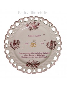 Assiette anniversaire de Mariage décor fleurs roses modèle Tournesol poème personnalisé noces de palissandre