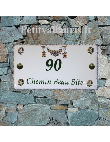 Plaque de Maison en céramique émaillée décor fleurs polychromes + inscription personnalisée bord verte
