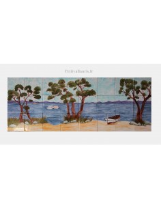 Fresque murale sur carrelage en faïence décor artisanal motif bord de mer 45 x 120