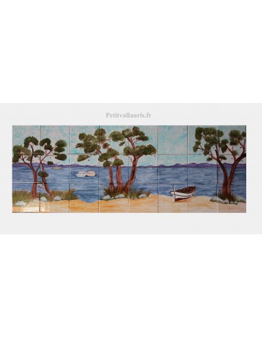 Fresque murale sur carrelage en faïence décor artisanal motif bord de mer 45 x 120