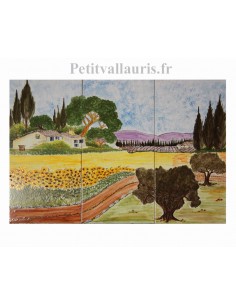 Fresque murale sur carreaux de faience décor artisanal campagne Provençale modèle champ de tournesols 40x60