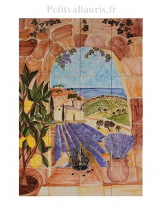 Fresque murale sur carrelage en faience motif artisanal trompe l'oeil paysage méditerranéen 120x80