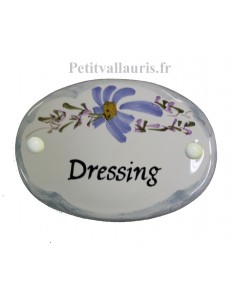 Plaque de porte modèle ovale décor tradition fleurs bleues bordure grise avec inscription Dressing