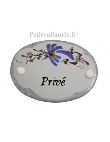 Plaque de porte modèle ovale décor tradition fleurs bleues bordure grise avec inscription Privé