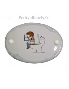 Plaque de porte en faience blanche modèle ovale bord gris motif artisanal personnage sur WC