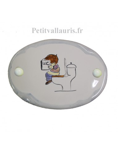 Plaque de porte en faience blanche modèle ovale bord gris motif artisanal personnage sur WC