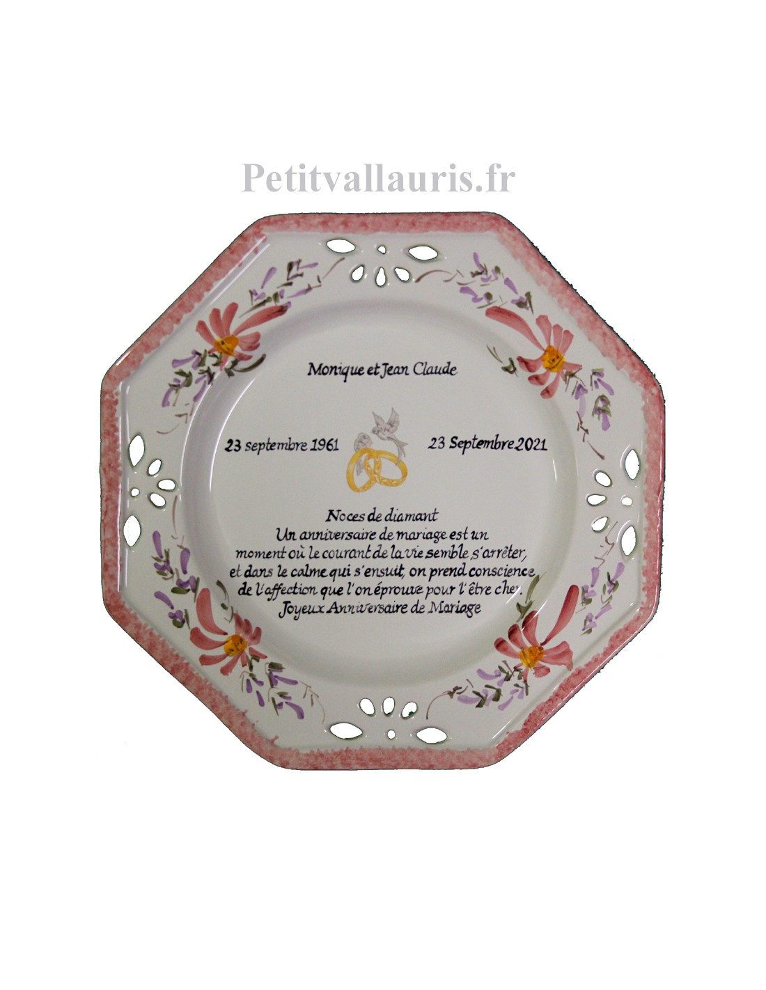 Grande assiette anniversaire 60 ans de Mariage modèle octogonale noces de  diamant motifs fleurs roses
